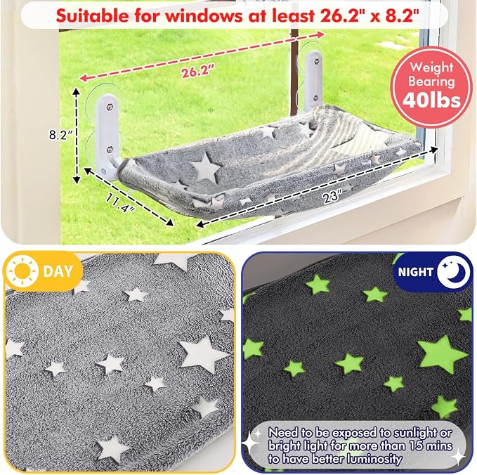 Zoratoo Glow in the Dark Cat Window Perch, Foldable Cordless Pet Hammock, L | Glowing Stars Fabric, Sturdy Metal Frame, Removable for Machine Wash, Comfortable Sunken Design Resting Seat for Indoor Cats - Image 4