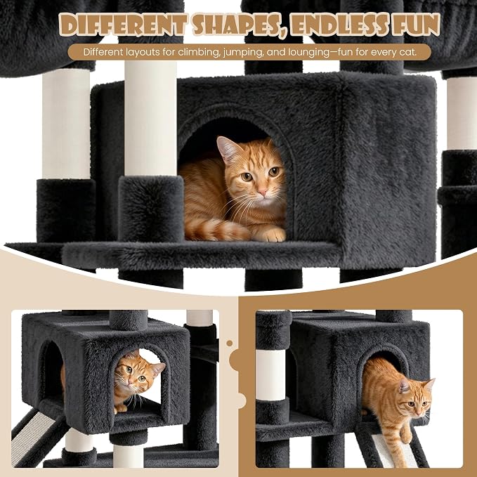 Sha Cerlin 87 in Multi-Level Tall Cat Tree Tower for Large Cats/Extra Wide Feline Activity Center/Sisal Scratching Posts/Wide Base/Cozy Plush Perches/Baskets/Hammocks/Toy Balls/Dark Grey - Image 3