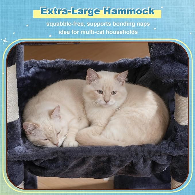 Hey-brother Cat Tree Tower with 3 Condos, Step Climbing Pathway MPJ081G | 74.8 Inches Scratching Post with 3 House, Hammock, Large Basket, Cozy Bed, Sisal Board, Toys for Big Indoor Cats, Smoky Gray - Image 6
