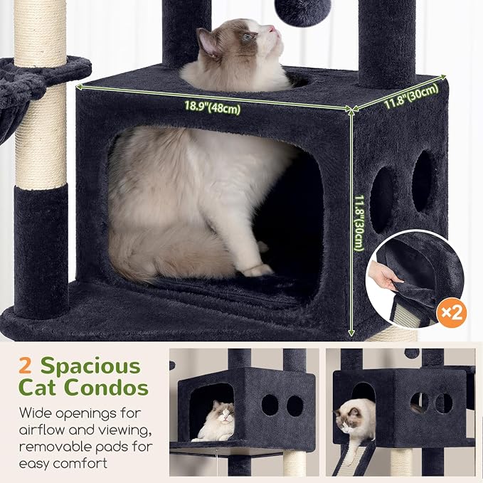 Globlazer S74G 74in Tall Cat Tree for Indoor Cats Large Adult, Dark Grey | Sturdy Heavy Duty Cat Tree Tower for Multiple Cats with 7 Scratching Posts, 2 Spacious Condos, 2 Hanging Baskets - Image 2