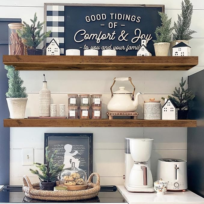 QEEIG Floating Shelves for Wall 39.4" Long - Wall Mounted Shelf Bathroom Kitchen Living Room Bedroom Farmhouse Home Decor Display Bookshelf Large 39.4 x 9.3 inch Set of 2, Rustic Brown (008-100BN) - Image 2