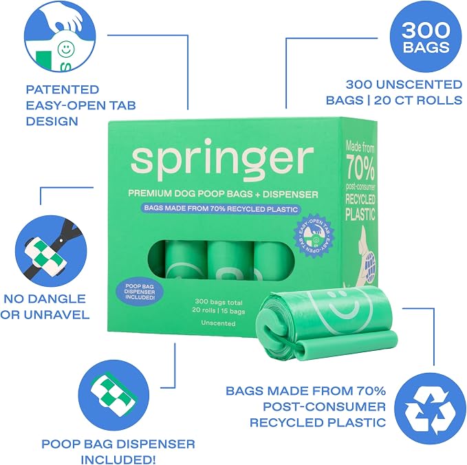 Springland Recycled Plastic Poop Bags for Dogs, 300 of Bags + 1 Dispenser | Premium thick & durable bags, leak proof, easy-open tab, unscented, no dangle bag holder for leash included - Image 3
