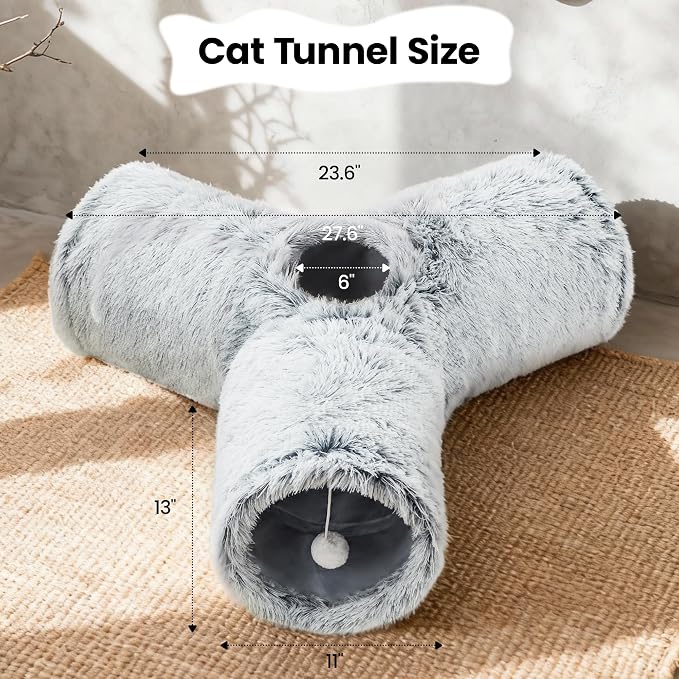 Tempcore Plush Cat Tunnel for Indoor Cats, 3 Way Collapsible Pet Play Tunnel with Teaser Wand, Peek Holes & Hanging Ball, Interactive Tube for Kittens & Rabbits, Light Grey - Image 2