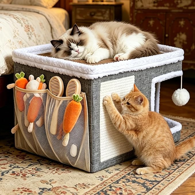 Foldable Cat Cave Bed for Indoor Cats, Cat Hideaway House with Hanging Fluffy Ball & Scratch Pad, Side with Toy Storage and Summer Cooling Mat, 16.14x16.14x12.2 Inches, Grey by XSAMIN