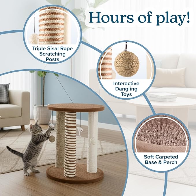 Cat Scratching Post - 3 Scratcher Posts with Carpeted Base Play Area and Perch - Furniture Scratching Deterrent for Indoor Cats by PETMAKER (Brown), Large | Large Tower Furniture Scratching Deterrent with Perch and Play Area for Indoor Cats and Kittens - Image 2