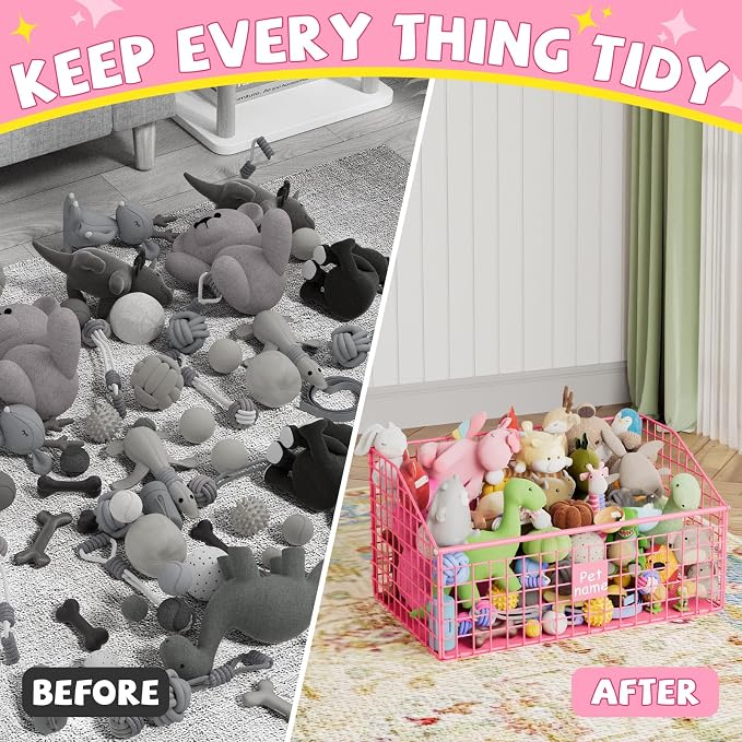 Kaiferty Indestructible Dog Toy basket, Large Toy Bin for Dogs,Pet Toy Bin Dog Metal Basket Organizer Storage for Toys Food Storage (Pink) - Image 5