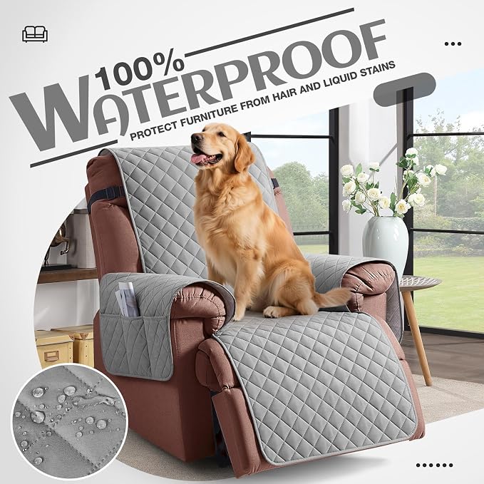KinCam 100% Waterproof Recliner Chair Covers Washable, 23.6", Light Gray | Anti Slip Reclining Couch Covers for Pets Dog, Recliner Sofa Slipcover Storage Pocket, Furniture Protector with Elastic Strap - Image 3