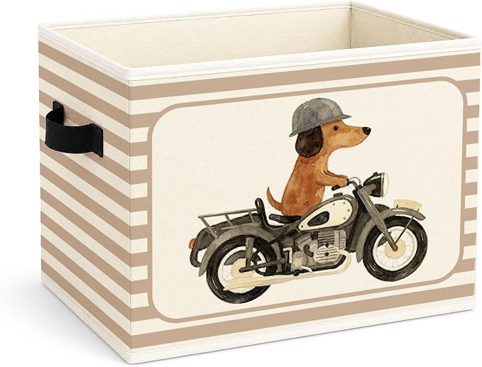 Motorcycle Dog Storage Bin, Beige Stripe Foldable Fabric Basket | Cute dog rider collapsible fabric organizer for nursery, bedroom, playroom, toys, books, and clothes by Unknown