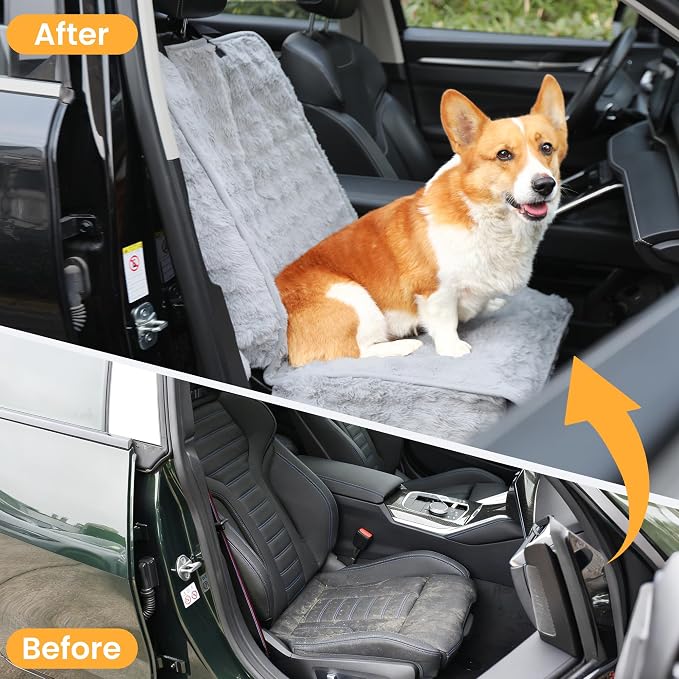 Dog Car Seat Cover, Waterproof Plush Pet Seat Protector, Gray, Front Seat | Faux rabbit fur, waterproof layer, non-slip silicone backing, side flaps, machine washable, fits most cars and SUVs - Image 4