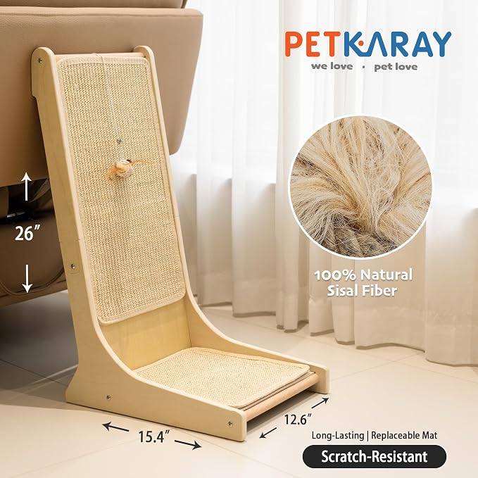 PETKARAY Sisal Cat Scratcher, Upright Cat Scratch Pad Wall Mounted, Vertical Scratching Post Alternative, L Shape Scratching Board 105° - Image 2