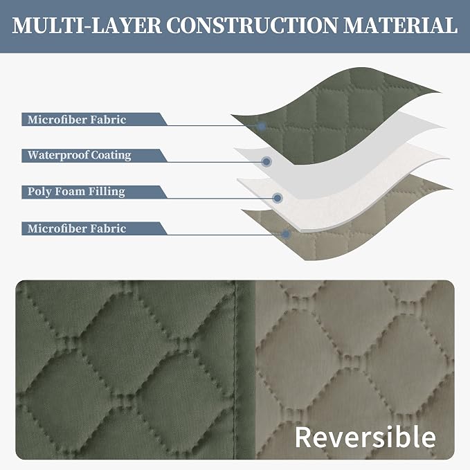 ISSUNTEX Double Protection 100% Waterproof Loveseat Sofa Covers for Living Room, Couch Covers for 2 Cushion Couch, Reversible Furniture Protector Sofa Cover for Dogs (Loveseat, Greyish Green/Beige) - Image 4