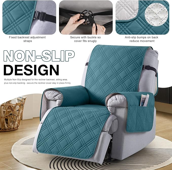 TAOCOCO Waterproof Recliner Chair Covers 30 Inch Wide, Oversized Recliner Covers for Recliner Chair with Pocket, Recliner Slipcovers with Straps Furniture Protector for Kids Pets (30'', Peacock Blue) - Image 6