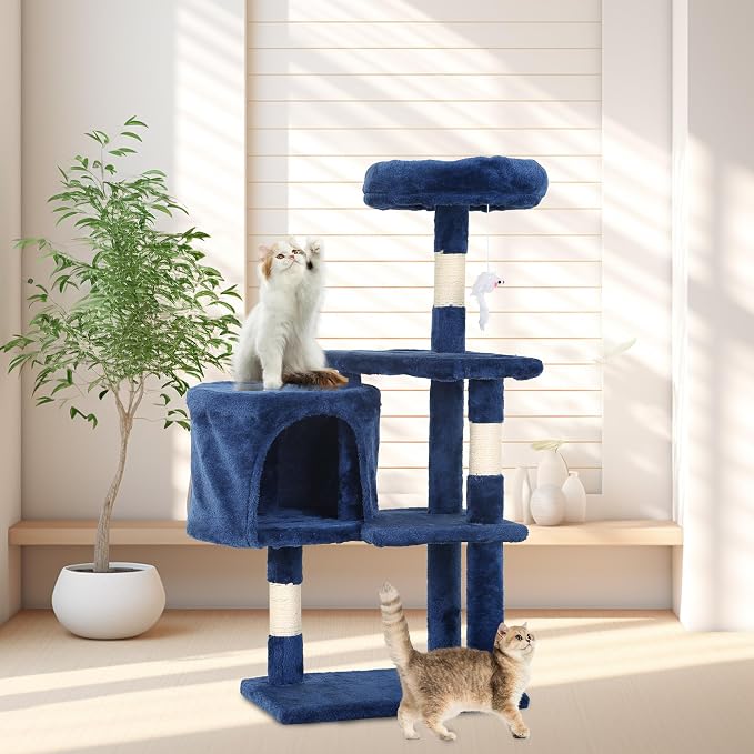 FDW | 36" Cat Tree Tower | Navy Blue | Multi-Level Indoor Activity Center with Sisal Scratching Posts, Condos, Plush Perches, Hanging Cat Toys | Sturdy, Easy to Assemble | for Kittens & Adult Cats - Image 2
