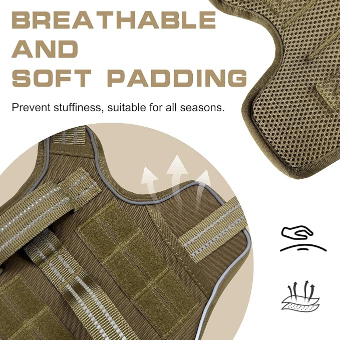 Dog Harness Medium Sized Dog, No Pull Dog Vest with Molle System | Tactical, Easy Control With Handle, Breathable Soft Padded, Adjustable, Reflective, No Choke for Walking, Khaki Medium - Image 5