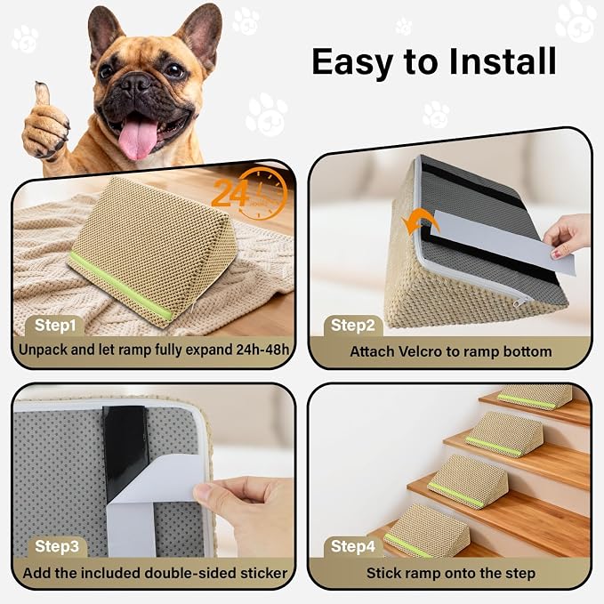 JoyBlooms Upgraded Dog Ramp for Stairs, Dog Stairs for Small Dogs (Corgi & Dachshund), 40D Foam Non-Slip, 30° Slope with Glow Strip, 13.8"x10.2"x5.9", Brown-3pcs - Image 9