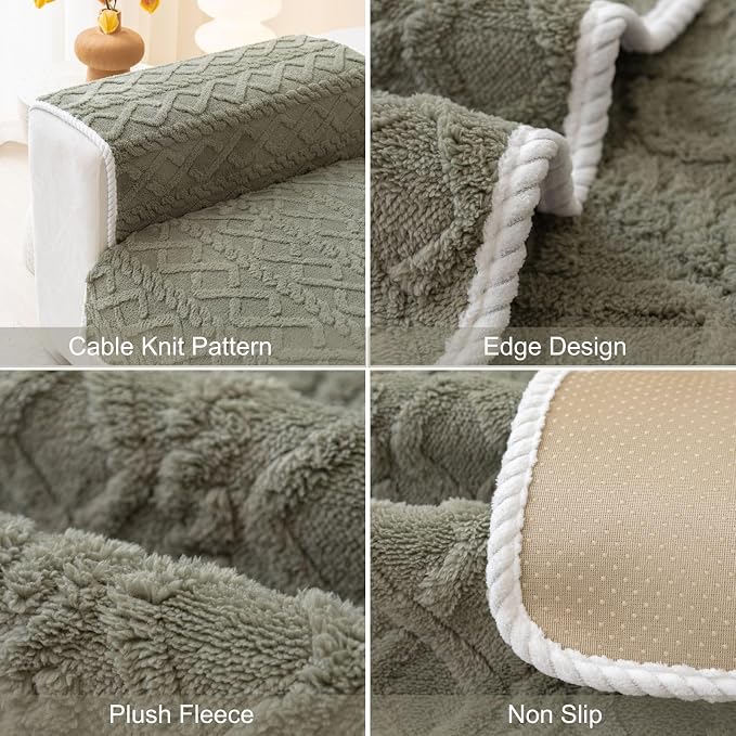 vctops Geometric Jacquard Plush Sofa Couch Covers Farmhouse Neutral Non Slip Sectional Couch Cover Soft Warm Sofa Slipcover for Dogs, Children, Pets Furniture Protector (Army Green,43"x70") - Image 6