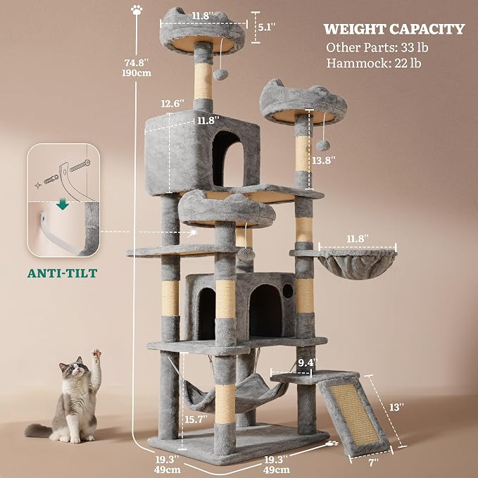 YITAHOME 75-Inch Tall Multi-Level Cat Tree Indoor | Cat Tree Tower with Condos, Top Perches, Sisal Ramp, Scratching Posts & Cozy Basket Hammocks - Image 2