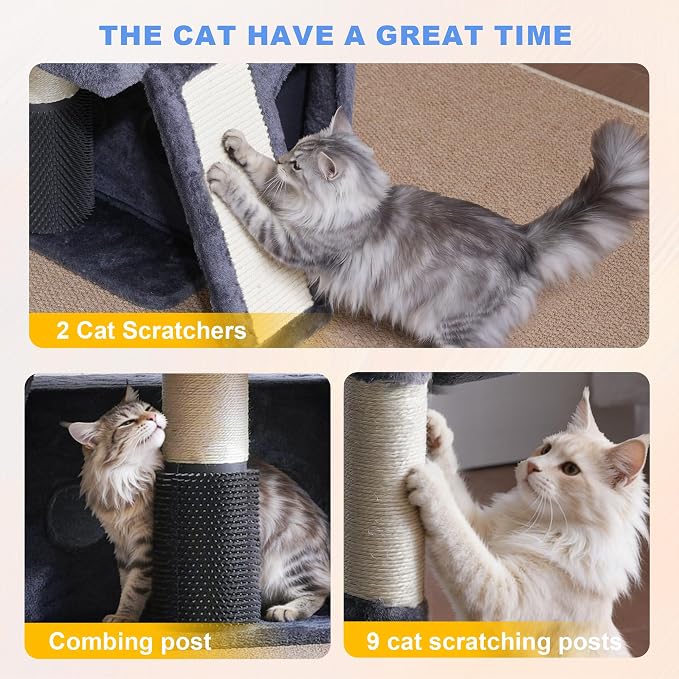 Hey-brother Cat Tree Tower with Multi-Level Platforms, Cozy Condos, MPJ085G | 71.5 Inches Cats House, Scratching Posts with 2 Hammocks, Scratch Board, 2 Plush Baskets for Multiple Indoor Cats, Smoky Gray - Image 5