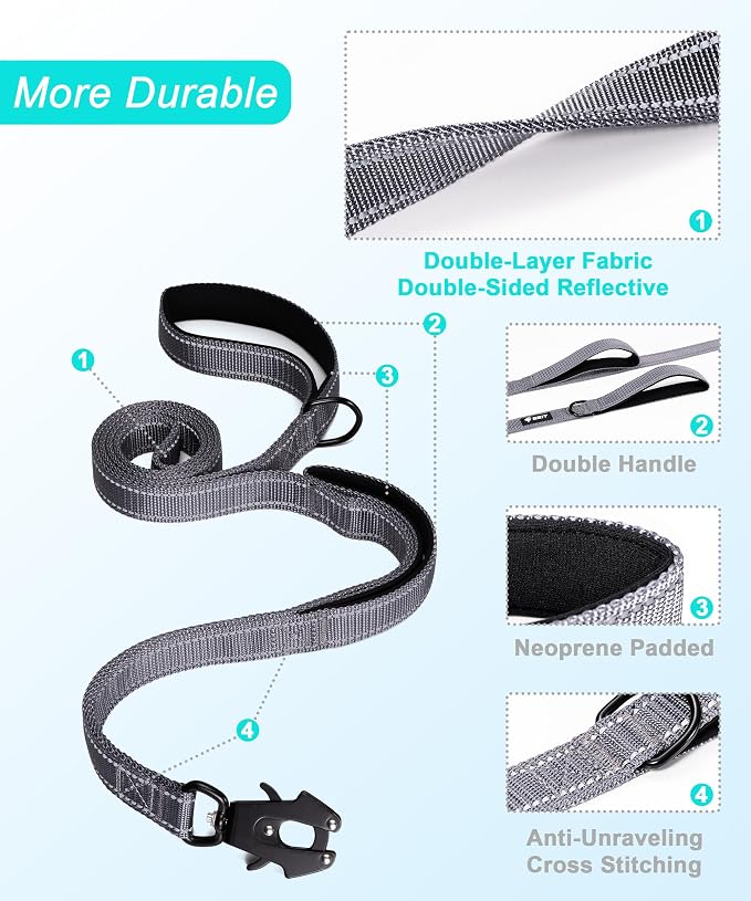 GEIT 2 Padded Handles Heavy Duty Dog Leash for Small Medium and Large Dogs | 4/5/6FT Reflective Dog Leashes with Aluminum Quick Release/Locking Tactical Frog Clip,Comfortable Traffic Handle - Image 5