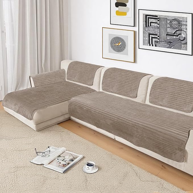 NAISI Couch Covers for Dogs Waterproof Flannel Striped Sofa Cover Pet Friendly Washable Dog Mat for Couch Anti Slip Sectional Sofa Slipcover Protector(2pcs/35"x63"+35"x70",Khaki) - Image 4