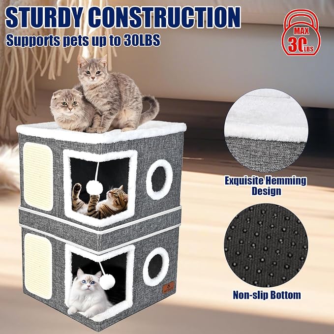 2-Story Cat House for Indoor Cats, Dual-Purpose Cave Bed with Scratch Pad and Fluffy Ball, Foldable Cat Hideaway, Cute Condo Furniture for Multi Small Pet Kitten, Grey - Image 4