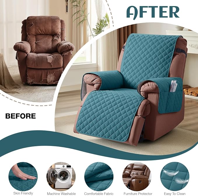 KinCam 100% Waterproof Recliner Chair Covers Washable, 23.6", Peacock Blue | Anti Slip Reclining Couch Covers for Pets Dog, Recliner Sofa Slipcover Storage Pocket, Furniture Protector with Elastic Strap - Image 6