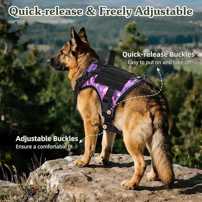 VavoPaw Heavy Duty Tactical Dog Harness for Medium Dogs, No Pull Adjustable | Pet Harness Reflective Service Training Easy Control Pet Vest Military K9 Working Dog Harnesses（Purple Camouflage, M） - Image 4