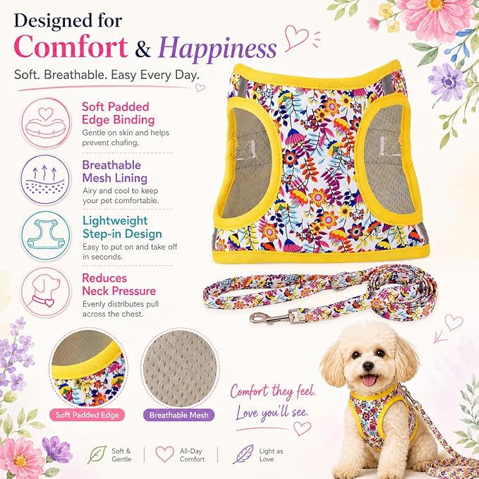 Step in Dog Harness Leash Set- All Weather Reflective No-Pull Floral Pattern Padded Mesh Vest Harness for Cats Puppy Extra-Small Small Medium Large Dogs - White Flower - XL - Image 2