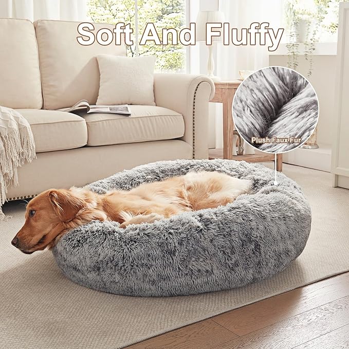 36 inches Faux Fur Fluffy Donut Dog Bed for Large Dogs,Dark Grey | Calming Plush Round Pet Bed with Removable & Washable Cover,Fits up to 80 lbs Pets - Image 4