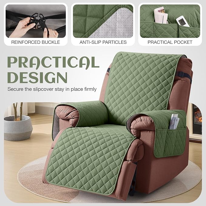 KinCam 100% Waterproof Recliner Chair Covers Washable, 23.6", Cactus Green | Anti Slip Reclining Couch Covers for Pets Dog, Recliner Sofa Slipcover Storage Pocket, Furniture Protector with Elastic Strap - Image 5