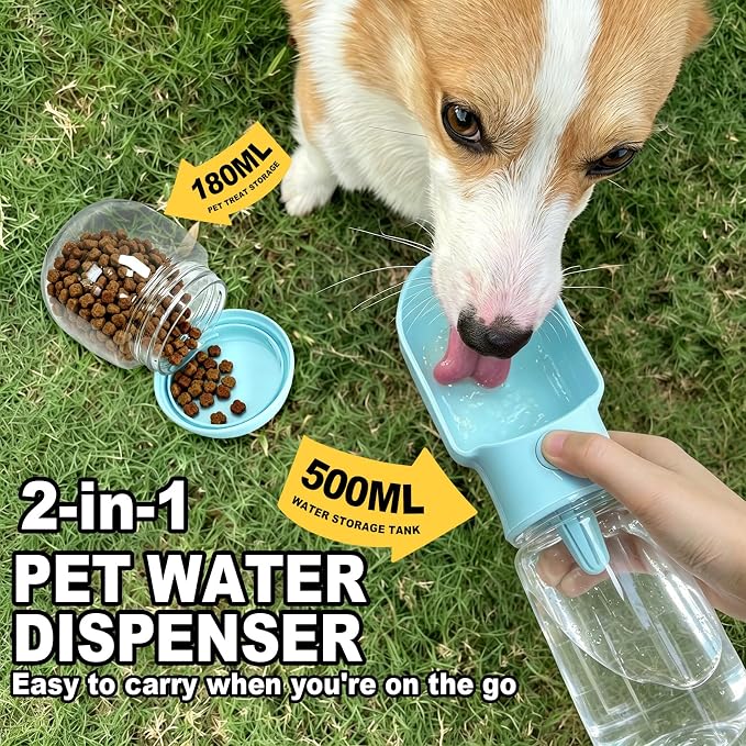 Blue Large Portable Dog Water Bottle with Food Container | Travel Dog Water Bowl(500ml),Food Container(180ml),Leak-Proof,2-in-1 Pet Essential Outdoor Supplies for Walks Hikes Campsites - Image 2