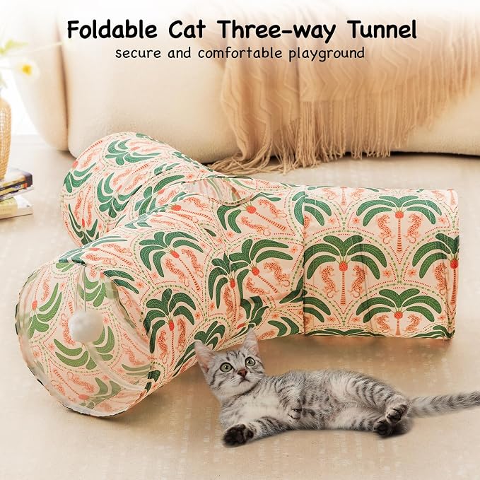 Tempcore Cat Tunnel for Indoor Cats, 3 Way Collapsible Pet Play Tunnel with Teaser Wand, Peek Holes & Hanging Ball, Interactive Tube for Kittens & Rabbits, Khaki Coconut Tree - Image 3