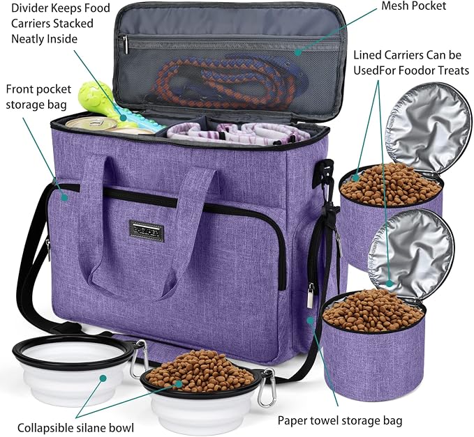 BAGLHER Dog Travel Bag, Airline Approved Pet Tote Organizer with Multi-Function Pockets, 2 X Food Storage Containers and 2 X Collapsible Bowls, Perfect Weekend Pet Travel Set for Dog, Cat Purple - Image 5