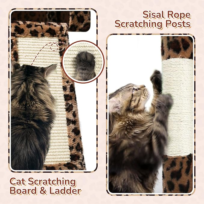 Globlazer Heavy Duty Leopard Cat Tree, 70in Sturdy Cat Tree for Indoor Cats Sturdy Large Cat Tower with Scratching Post & Board, Hammock, 2 Cat Condo for Adult Cats Kittens, F70 Pro, Leopard Print - Image 5