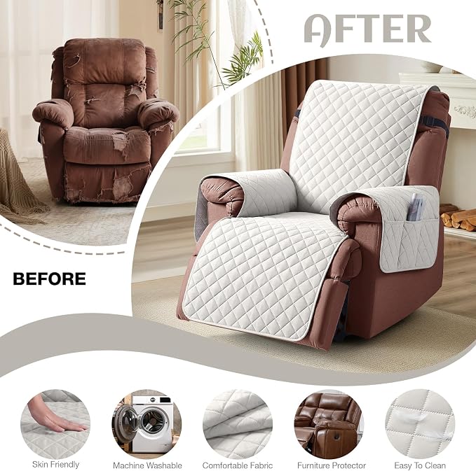 KinCam 100% Waterproof Recliner Chair Covers Washable, 30", Beige White | Anti Slip Reclining Couch Covers for Pets Dog, Recliner Sofa Slipcover Storage Pocket, Furniture Protector with Elastic Strap - Image 6