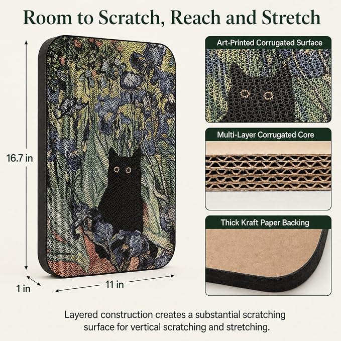 Cat Wall Scratcher, Art Cat Scratching Board for Indoor Cats | Wall Mounted Cat Scratch Pad, Water-Based Ink, Hook&Loop Strips, Floor or Wall Use, 16.7x11x1 Inch, Irises - Image 2
