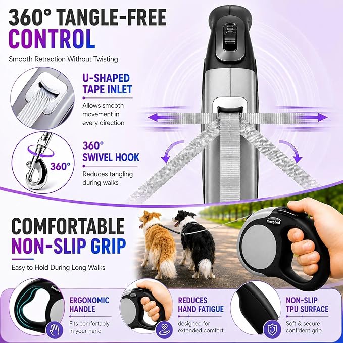 Double Retractable Dog Leash for Two Dogs Up to 115 lbs - 18.6 ft Coupler Leashes for Small Medium Dogs - One Locked System, Non Slip Grip, Tangle Free (Grey) - Image 4