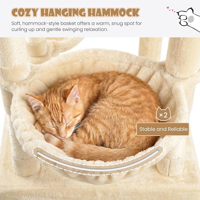 Sha Cerlin 87 in Multi-Level Tall Cat Tree Tower for Large Cats/Extra Wide Feline Activity Center/Sisal Scratching Posts/Wide Base/Cozy Plush Perches/Baskets/Hammocks/Toy Balls/Beige - Image 5