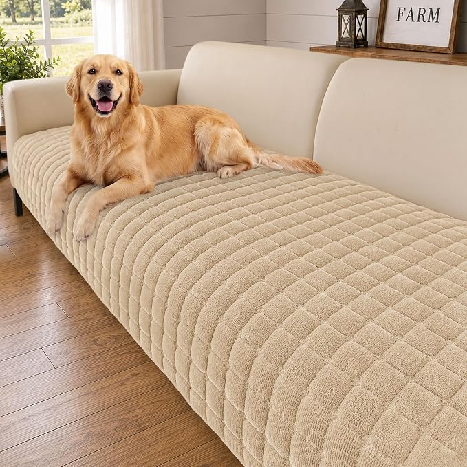 Smiry Velvet Couch Cover for Dogs, Non Slip Soft Sofa Protector for Pets | Washable Sofa Cover for Cats, Cozy Furniture Protector Against Pet Hair, Scratches, Fits Sectional Sofa(Khaki, 36"x63") by Smiry