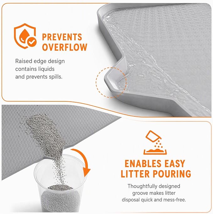 Cat Litter Mat, XL 40"x29.7" Silicone Litter Box Mat, Tilted Drain Spout | Litter Mat Fit 1-2 Boxes, Extra Wide Kitty Litter Mat, Waterproof Urine Proof, Non-Slip, Easy to Clean, High Edge - Image 4