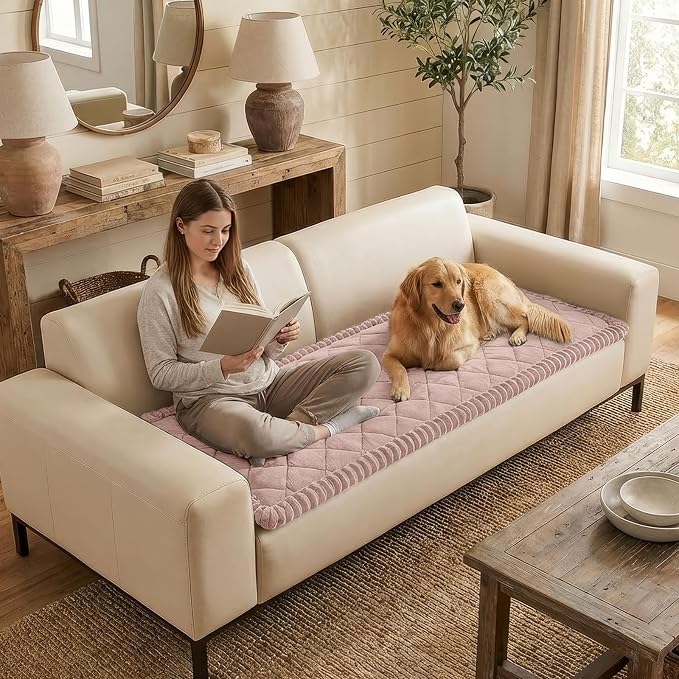 Smiry Non Slip Couch Cover for Dogs, Fuzzy Plush Pet Sofa Protector | Washable Furniture Cover for Large Dogs & Cats, Scratch & Dirt Resistant, For 3 Cushion Couch, Dusty Pink, 27.6"x82.7" - Image 3