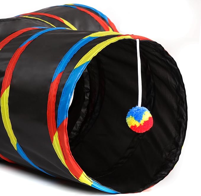 Tempcore Cat Tunnel for Indoor Cats, 3 Way Collapsible Pet Play Tunnel with Teaser Wand, Peek Holes & Hanging Ball, Interactive Tube for Kittens & Rabbits, Black & Rainbow - Image 4