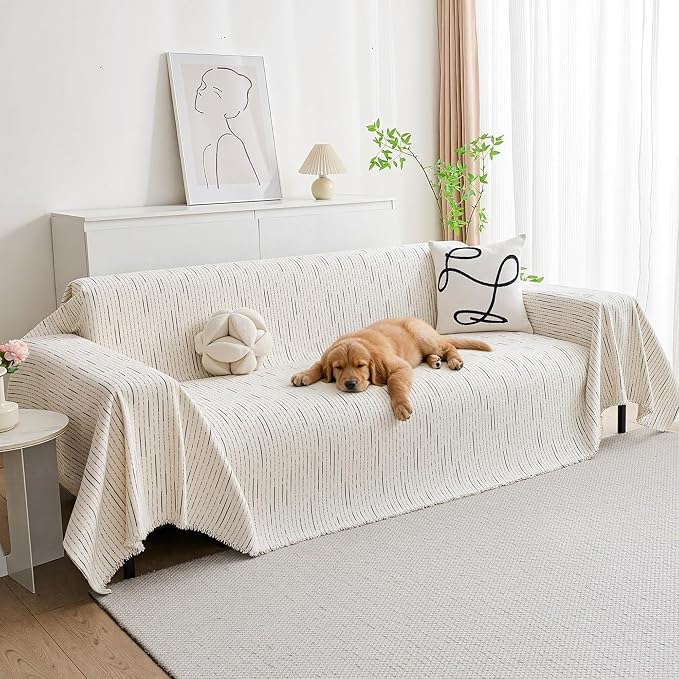 MYSKY HOME Couch Cover for Dogs, Sectional Couch Cover, Beige Lines Sofa Covers for Sectional Sofa L Shape Love Seat Couch Covers for Dogs Pets, Sofa Slipcovers Washable Soft Throw, 71"X102" by MYSKYHOME