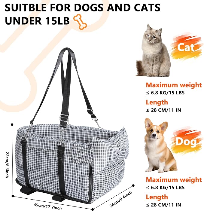 Center Console Dog Car Seat Dog Bed for Car Console Portable Armrest Booster Seat Carrier for Small Medium Dogs Anti-Collapse for Puppy Pet Up to 15 Lbs（Grid Black） - Image 2