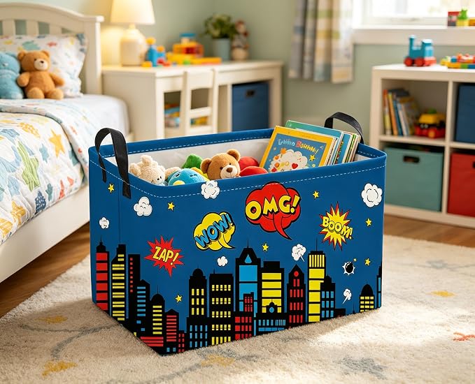 Sanjiaofeng Rectangular Blue City Hero Skyline Basket,Baby Storage Bins with Handles,Comics Hero Kid Basket,Building Silhouettes Storage Bin,Room Decor(Building) - Image 5
