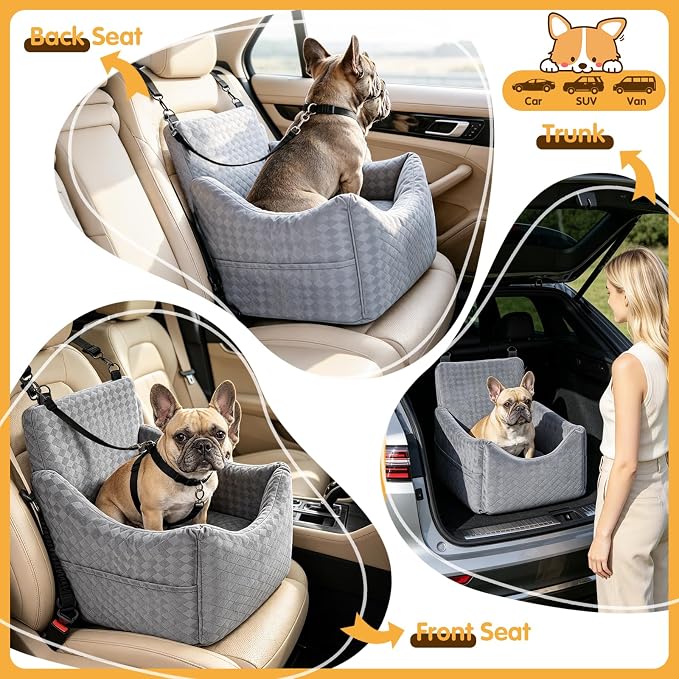 Topmart Dog Car Seat for Small Medium Dogs Under 35lbs, Cozy Pet Seat | Foam Safety Dog Booster Seat for Back Seat, Pet Bed for Car with Safety Tether, Storage Pockets, Machine Washable Cover, Grey - Image 7