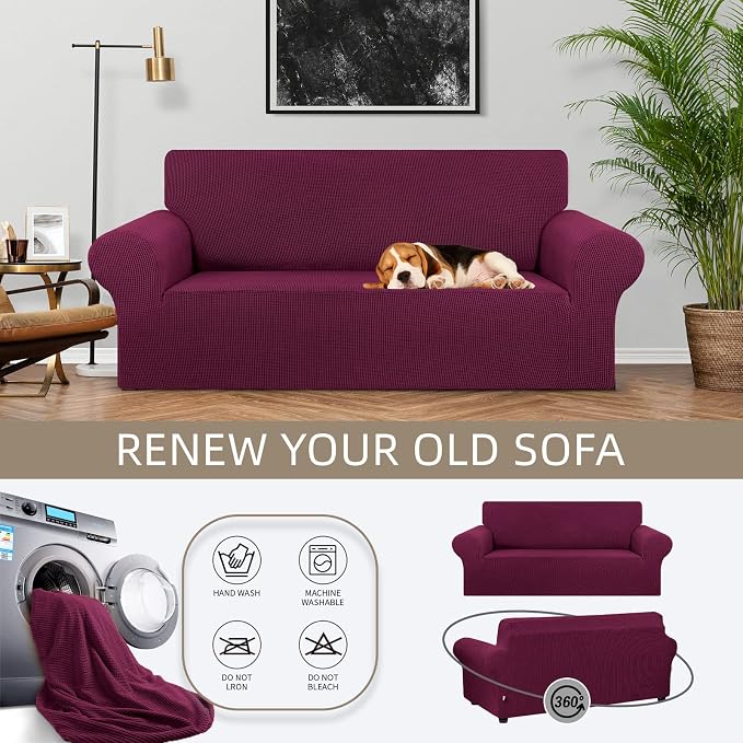 KEKUOU Stretch Loveseat Couch Cover, 2 Cushion Couch Slipcover,Wine | 1-Piece Washable Sofa Cover Pet Friendly (55"-78") Furniture Protector Soft Jacquard, Elastic Bottom for Dogs & Kids - Image 3
