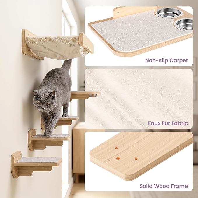 Cat Wall Shelves - Wall Mounted Cat Shelves with Feeding Station | Solid Pinewood, Beige Carpet, Supports Up to 33 lbs, Stainless Bowls, Dog-proof, Lounging, Climbing - Image 5