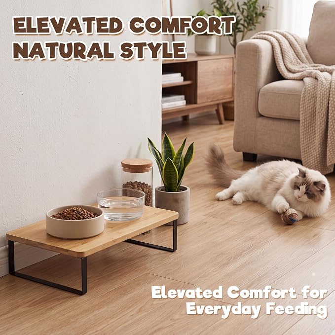 Bamboo Wood Cat Food Stand for Automatic Cat Feeder and Bowls | Non-Slip Metal Frame Elevated Cat Bowls Stand 15.7'' x 9.1'' Tabletop Fit Most Automatic Feeders, Raises Feeder/Bowl by 3.5'' - Image 7