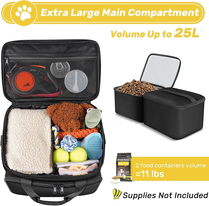 6 Set Dog Travel Bag, Large Pet Travel Kit for Supplies, Black | Includes 2 Food Containers, 1 Pet Organizer for Dogs, 2 Collapsible Bowls, 1 Treat Pouch, Dog Weekend Overnight Bag Luggage - Image 2